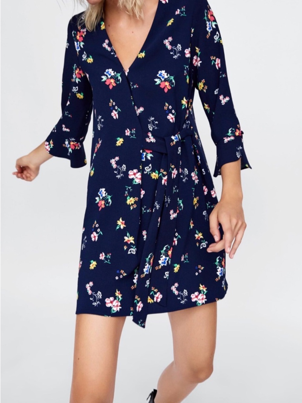 Zara basic Navy Floral Wrap Dress fits up to medium ptp up to 18